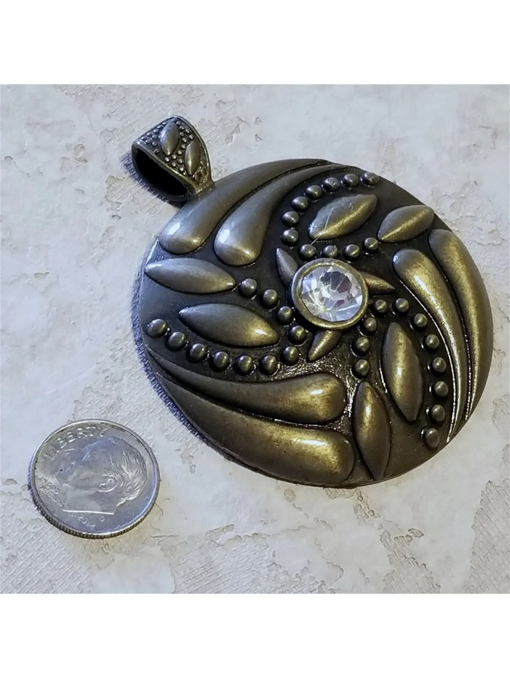 Antique Brass Art Deco Steampunk Textured Rhinestone Large Pendant Slide Bail